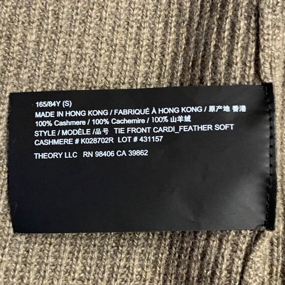 THEORY Size S Brown Taupe Cashmere Rib Knit Tie Front Cardigan - Picture 5 of 5